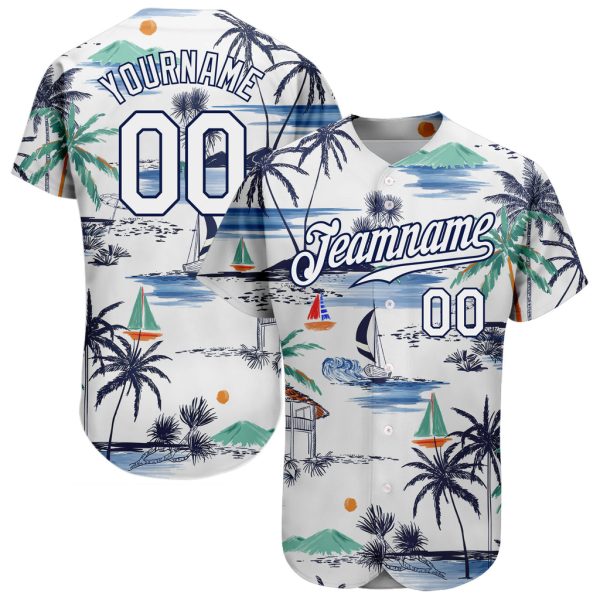 Custom Black Jersey, Personalized Black Baseball Jersey, Custom White Navy Pattern Hawaii Palm Trees Island And Sailboat Authentic Baseball Jersey Jezsport.com