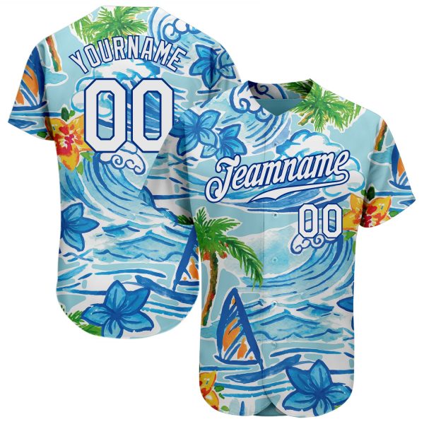 Custom White Royal 3d Pattern Design Beach Hawaii Palm Trees And Flowers Authentic Baseball Jersey Jezsport.com