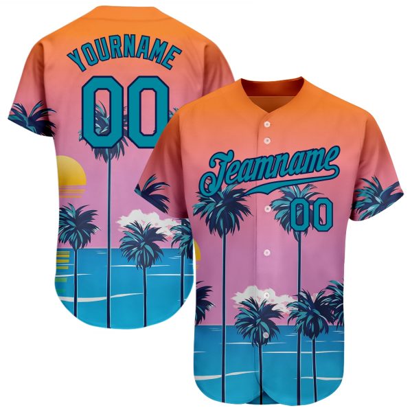 Custom Orange Teal-navy 3d Pattern Design Sun Beach Hawaii Palm Trees Authentic Baseball Jersey Jezsport.com