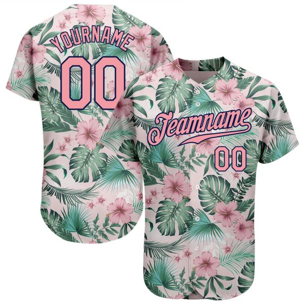 Custom White Medium Pink-navy 3d Pattern Design Hawaii Palm Leaves And Flowers Authentic Baseball Jersey Jezsport.com