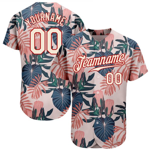 Custom Cream Red 3d Pattern Design Hawaii Palm Leaves And Flowers Authentic Baseball Jersey Jezsport.com