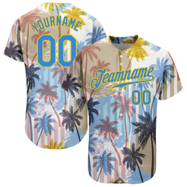 Custom White Electric Blue-yellow 3d Pattern Design Hawaii Coconut Palms Authentic Baseball Jersey Jezsport.com
