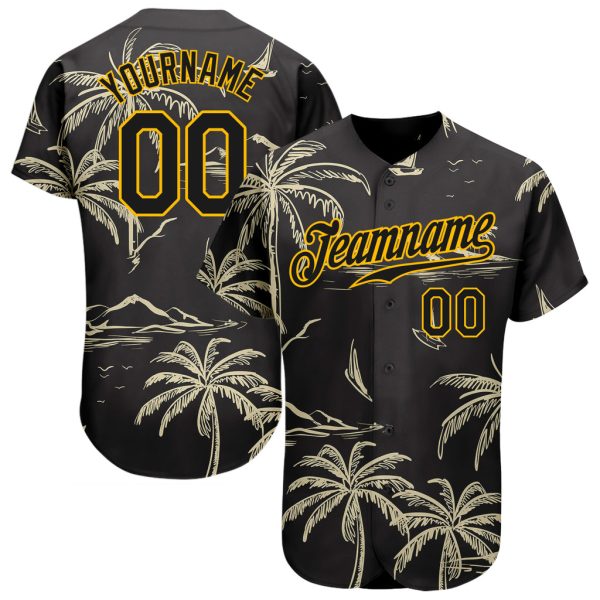 Custom Black Jersey, Personalized Black Baseball Jersey, Custom Baseball Jersey Black Gold Pattern Design Hawaii Palm Trees Authentic Baseball Jersey Jezsport.com