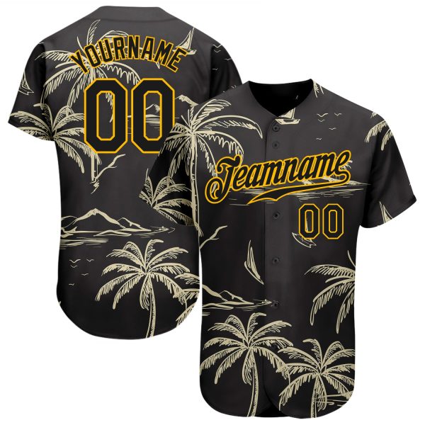 Custom Black Gold 3d Pattern Design Hawaii Palm Trees Island And Sailboat Authentic Baseball Jersey Jezsport.com
