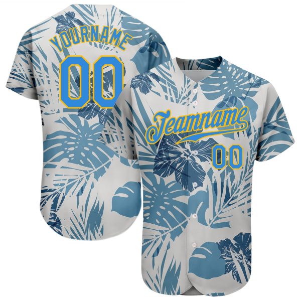Custom White Electric Blue-gold 3d Pattern Design Hawaii Palm Leaves And Flowers Authentic Baseball Jersey Jezsport.com