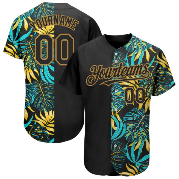 Custom Black Jersey, Personalized Black Baseball Jersey, Custom Black Old Gold Pattern Hawaii Tropical Palm Leaves Authentic Baseball Jersey Jezsport.com