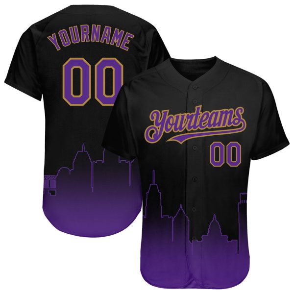 Custom Black Jersey, Personalized Black Baseball Jersey, Custom Black Purple-Old Gold 3D Baltimore City Edition Fade Fashion Authentic Baseball Jersey Jezsport.com