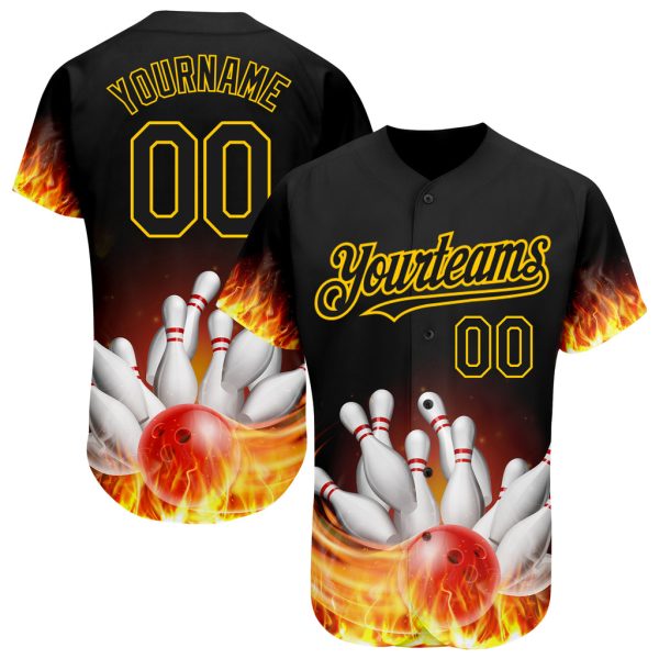 Custom Black Jersey, Personalized Black Baseball Jersey, Custom Baseball Jersey Black Gold Pattern Design Flame Bowling Authentic Baseball Jersey Jezsport.com