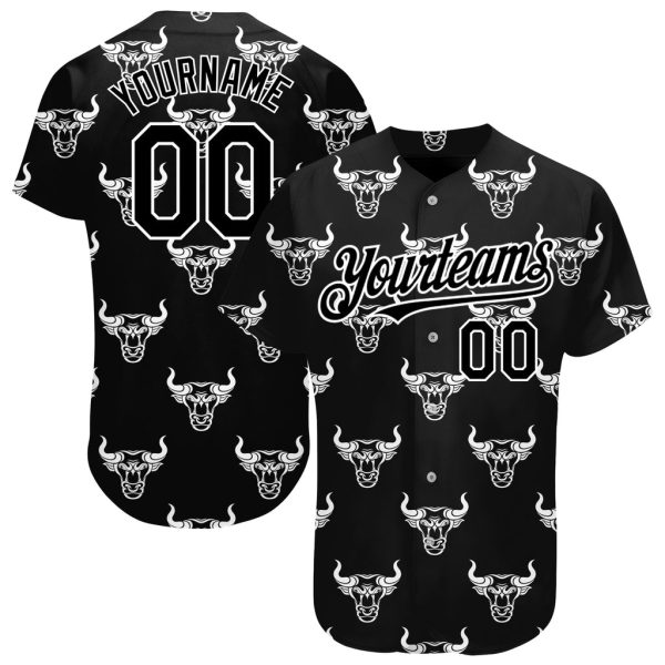 Custom Black Jersey, Personalized Black Baseball Jersey, Custom Baseball Jersey, Custom Black White 3D Pattern Design Ox Authentic Baseball Jersey Jezsport.com