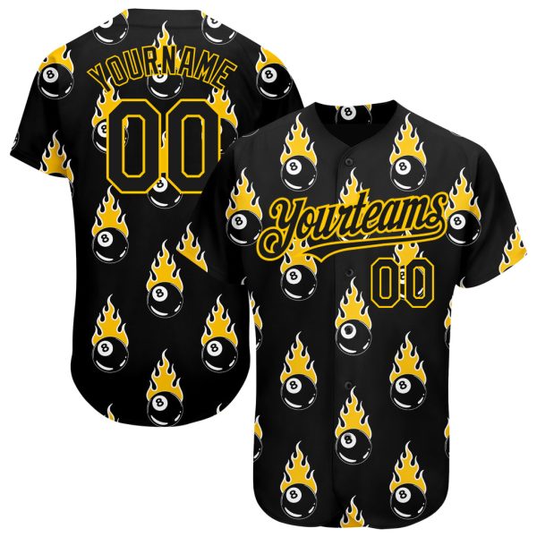 Custom Black Jersey, Personalized Black Baseball Jersey, Custom Black Gold 3D Pattern Design Flaming Billiards Snooker 8 Ball Authentic Baseball Jersey Jezsport.com