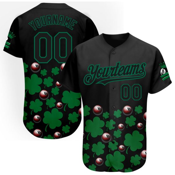 Custom Black Jersey, Personalized Black Baseball Jersey, Custom Black Green Clovers And Billiards Balls St. Patrick's Day Authentic Baseball Jersey Jezsport.com