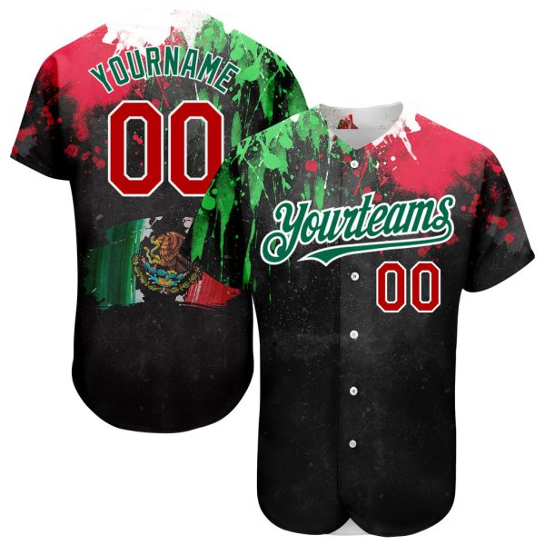 Custom Black Jersey, Personalized Black Baseball Jersey Black Red Kelly Green Mexican Flag Watercolored Splashes Grunge Authentic Baseball Jersey Jezsport.com