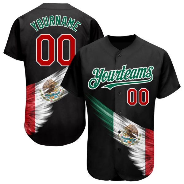 Custom Black Jersey, Personalized Black Baseball Jersey, Custom Baseball Jersey Black Red-Kelly Green The Abstract Wing With Mexican Flag Authentic Jezsport.com