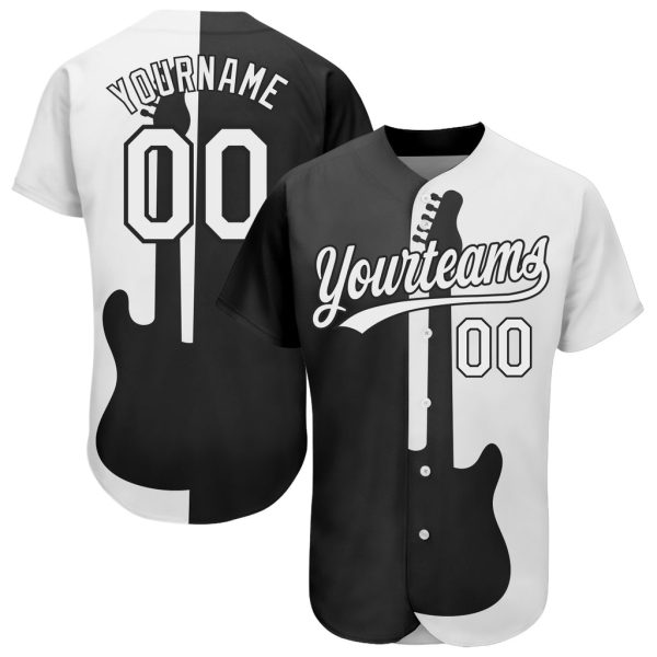 Custom Black Jersey, Personalized Black Baseball Jersey, Custom Black White Pattern Design Music Festival Guitar Rock Authentic Baseball Jersey Jezsport.com