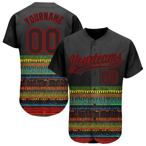 Custom Black Jersey, Personalized Black Baseball Jersey, Custom Black Red Pattern Design Traditional African Ethnic Style Authentic Baseball Jersey Jezsport.com