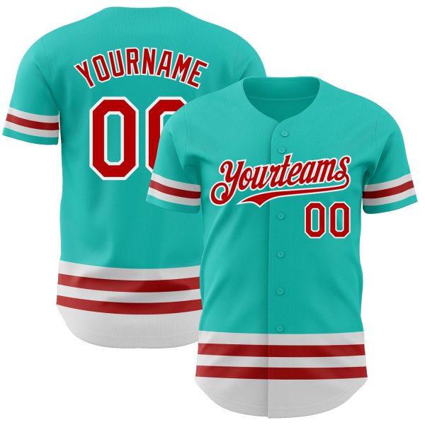 Personalized Baseball Jersey, Custom Jersey, Custom Aqua Red-white Line Authentic Baseball Jersey, Custom Baseball Jersey Jezsport.com