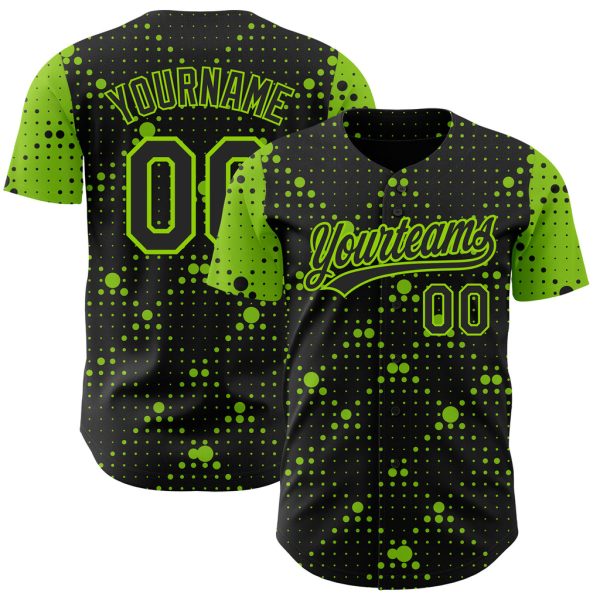 Custom Black Jersey, Personalized Black Baseball Jersey, Custom Black Neon Green Pattern Design Geometric Halftone Dots Authentic Baseball Jersey Jezsport.com