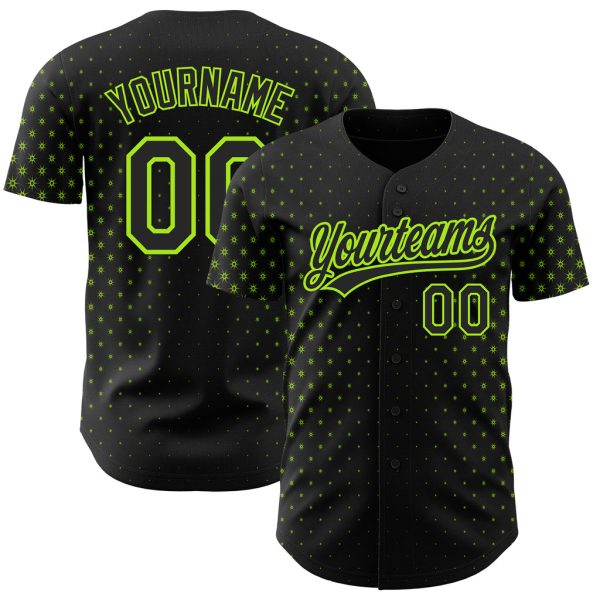 Custom Black Jersey, Personalized Black Baseball Jersey, Custom Black Neon Green Pattern Design Geometric Stars Authentic Baseball Jersey Jezsport.com