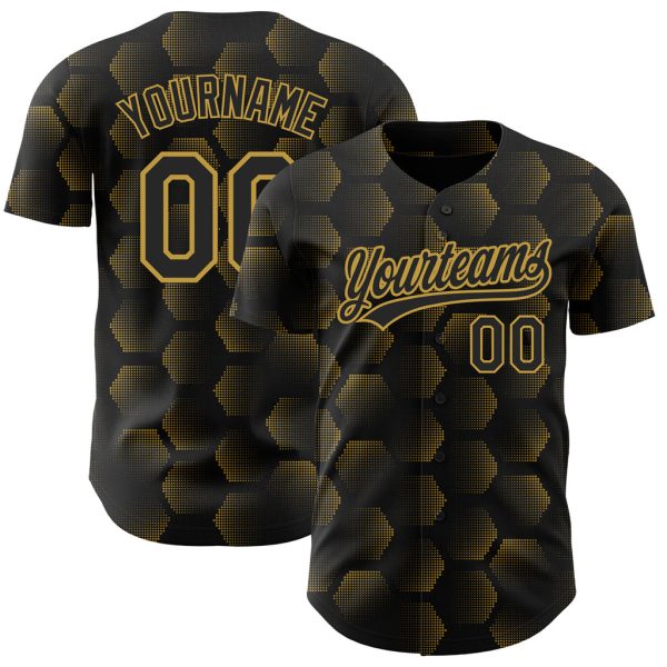 Custom Black Jersey, Personalized Black Baseball Jersey, Custom Black Old Gold Pattern Design Halftone Geometric Shapes Authentic Baseball Jersey Jezsport.com