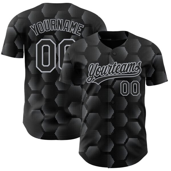 Custom Black Jersey, Personalized Black Baseball Jersey, Custom Black Gray Pattern Design Halftone Geometric Shapes Authentic Baseball Jersey Jezsport.com