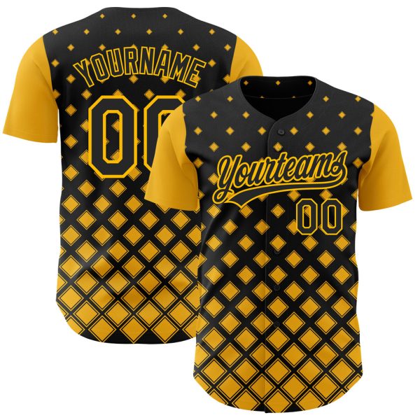 Custom Black Jersey, Personalized Black Baseball Jersey, Custom Black Gold Pattern Design Geometric Shapes Authentic Baseball Jersey Jezsport.com