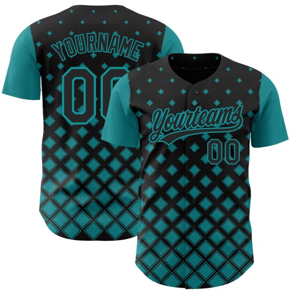 Custom Black Jersey, Personalized Black Baseball Jersey, Custom Black Teal Pattern Design Geometric Shapes Authentic Baseball Jersey Jezsport.com