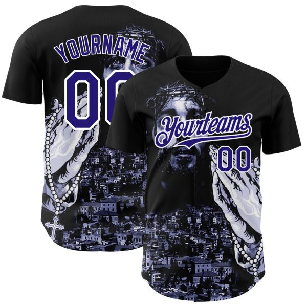 Custom Black Jersey, Personalized Black Baseball Jersey, Custom Black Purple-White Pattern Design Religion Jesus Christ Authentic Baseball Jersey Jezsport.com