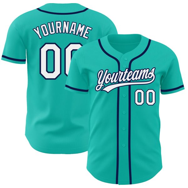 Personalized Baseball Jersey, Custom Jersey, Custom Aqua White-navy Authentic Baseball Jersey, Custom Baseball Jersey Jezsport.com