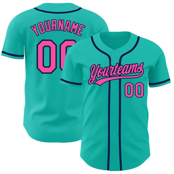 Personalized Baseball Jersey, Custom Jersey, Custom Aqua Pink-navy Authentic Baseball Jersey, Custom Baseball Jersey Jezsport.com