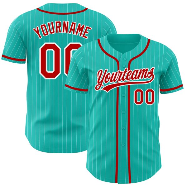 Personalized Baseball Jersey, Custom Jersey, Custom Aqua White Pinstripe Red Authentic Baseball Jersey, Custom Baseball Jersey Jezsport.com