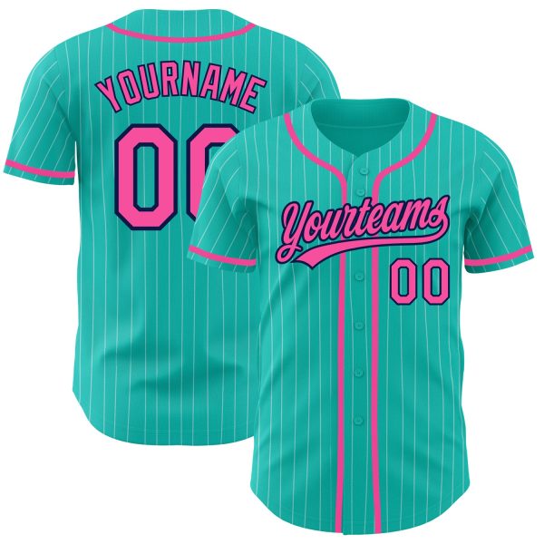 Personalized Baseball Jersey, Custom Jersey, Custom Aqua White Pinstripe Pink-navy Authentic Baseball Jersey, Custom Baseball Jersey Jezsport.com