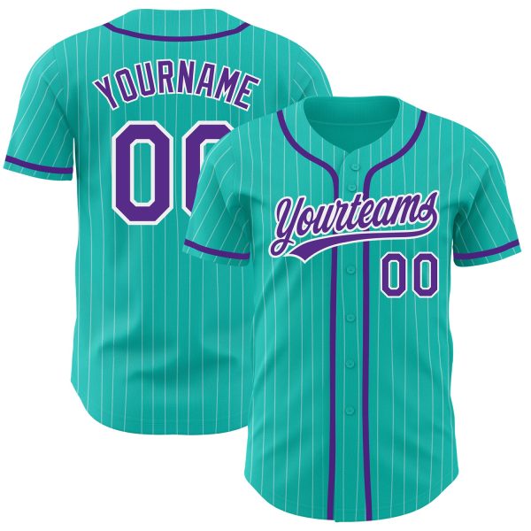 Personalized Baseball Jersey, Custom Jersey, Custom Aqua White Pinstripe Purple Authentic Baseball Jersey, Custom Baseball Jersey Jezsport.com