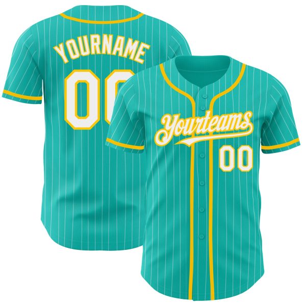 Personalized Baseball Jersey, Custom Jersey, Custom Aqua White Pinstripe White-yellow Authentic Baseball Jersey, Custom Baseball Jersey Jezsport.com