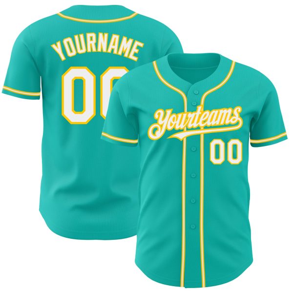 Personalized Baseball Jersey, Custom Jersey, Custom Aqua White-yellow Authentic Baseball Jersey, Custom Baseball Jersey Jezsport.com