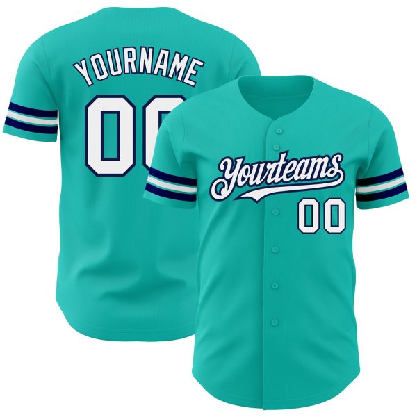 Personalized Baseball Jersey, Custom Jersey, Custom Aqua White-navy Authentic Baseball Jersey, Custom Baseball Jersey Jezsport.com