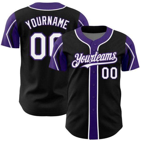 Custom Black Jersey, Personalized Black Baseball Jersey, Custom Baseball Jersey, Custom Black White-Purple Colors Arm Shapes Authentic Baseball Jersey Jezsport.com