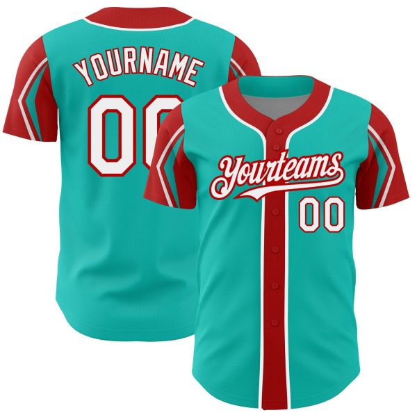 Personalized Baseball Jersey, Custom Jersey, Custom Aqua White-red 3 Colors Arm Shapes Authentic Baseball Jersey, Custom Baseball Jersey Jezsport.com