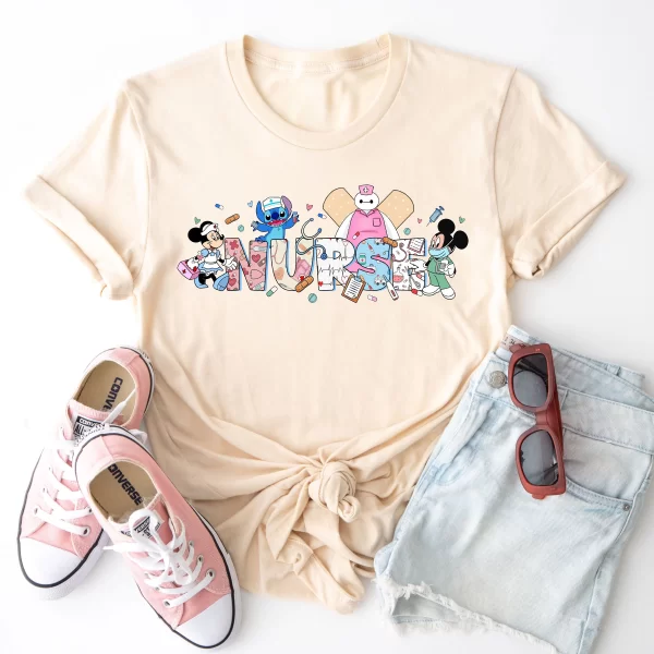 Funny Disney Shirt, Disneyland Magic Kingdom Shirt, Disney Nurse Day Labor And Delivery Stitch And Mickey And Friends Character T-Shirt, Sand