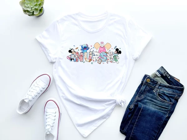 Funny Disney Shirt, Disneyland Magic Kingdom Shirt, Disney Nurse Day Labor And Delivery Stitch And Mickey And Friends Character T-Shirt, White