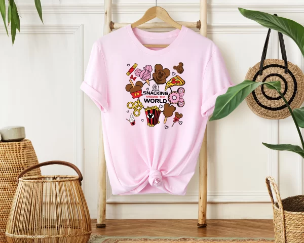 Funny Disney Shirt, Disney Character Shirts, Disneyland Shirt, Magic Kingdom Shirt, Disney Epcot Shirt, Snacking Around The World T-Shirt, Light Pink