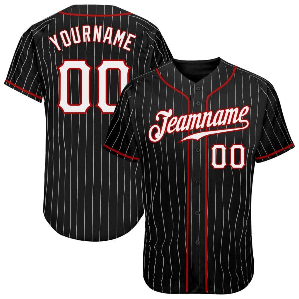 Custom Black Jersey, Personalized Black Baseball Jersey, Custom Baseball Jersey, Custom Black White Pinstripe White-Red Authentic Baseball Jersey Jezsport.com