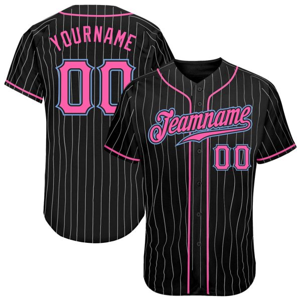 Custom Black Jersey, Personalized Black Baseball Jersey, Custom Jersey, Custom Black White Pinstripe Pink-Light Blue Authentic Baseball Jersey Jezsport.com