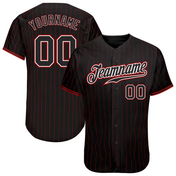 Custom Black Jersey, Personalized Black Baseball Jersey, Custom Baseball Jersey, Custom Black Red Pinstripe Black-White Authentic Baseball Jersey Jezsport.com