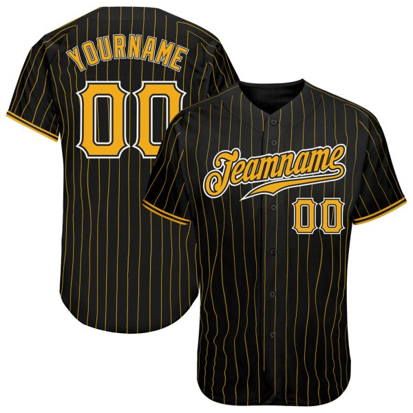 Custom Black Jersey, Personalized Black Baseball Jersey, Custom Baseball Jersey, Custom Black Gold Pinstripe Gold-White Authentic Baseball Jersey Jezsport.com