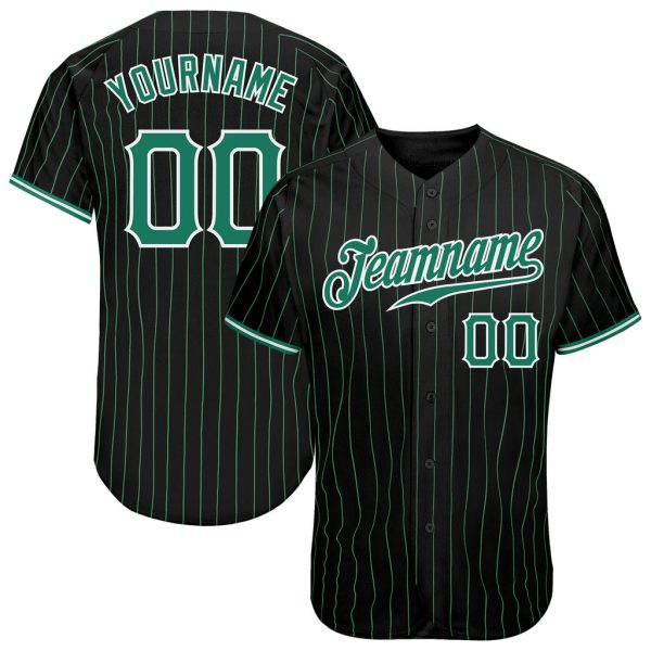 Custom Black Jersey, Personalized Black Baseball Jersey, Custom Baseball Jersey, Custom Black Kelly Green Pinstripe Authentic Baseball Jersey Jezsport.com