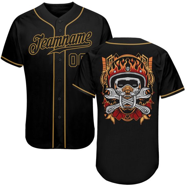 Custom Black Jersey, Personalized Black Baseball Jersey, Custom Baseball Jersey, Custom Black Black-Old Gold Authentic Skull Fashion Baseball Jersey Jezsport.com