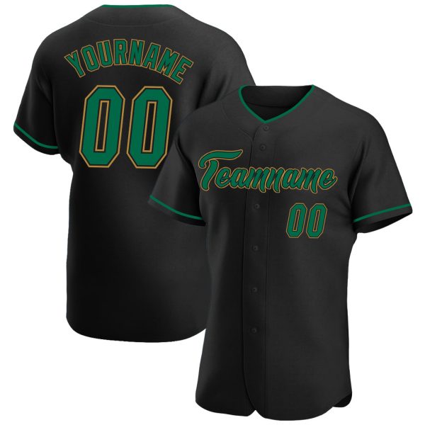 Custom Black Jersey, Personalized Black Baseball Jersey, Custom Baseball Jersey, Custom Black Kelly Green-Old Gold Authentic Baseball Jersey Jezsport.com