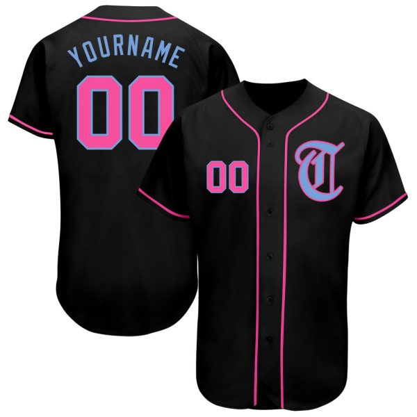 Custom Black Jersey, Personalized Black Baseball Jersey, Custom Baseball Jersey, Custom Black Pink-Light Blue Authentic Baseball Jersey Jezsport.com