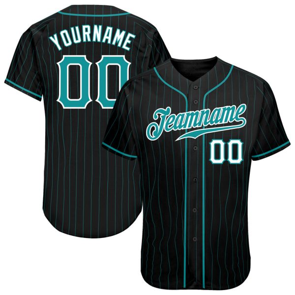 Custom Black Jersey, Personalized Black Baseball Jersey, Custom Baseball Jersey, Custom Black Teal Pinstripe Teal-White Authentic Baseball Jersey Jezsport.com