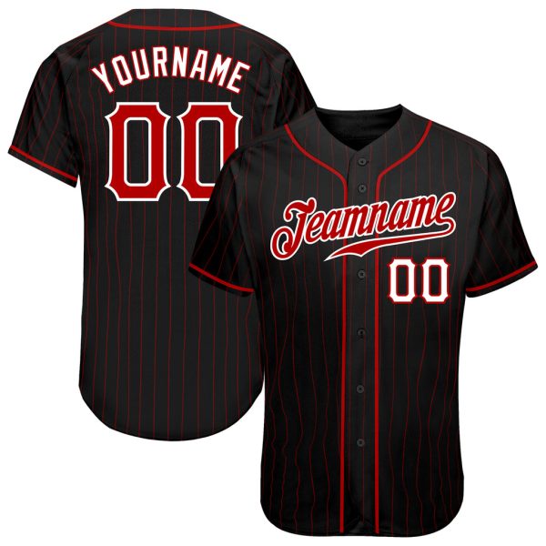 Custom Black Jersey, Personalized Black Baseball Jersey, Custom Baseball Jersey, Custom Black Red Pinstripe Red-White Authentic Baseball Jersey Jezsport.com